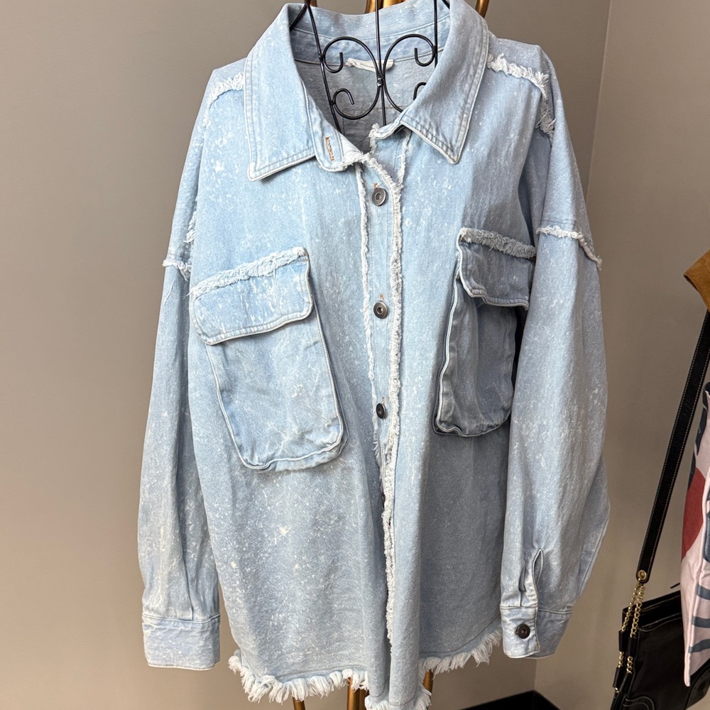 Light Blue Oversized Distressed Denim Jacket 100% Cotton